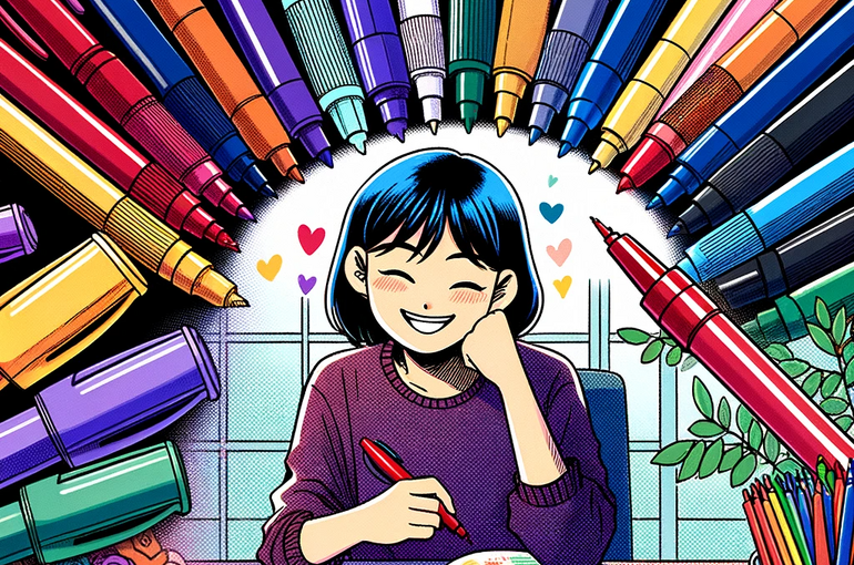 DALL·E 2023-11-13 15.48.57 - A colorful, manga-style illustration for a blog thumbnail about effective use of colored pens for studying. The scene includes a diverse array of colo
