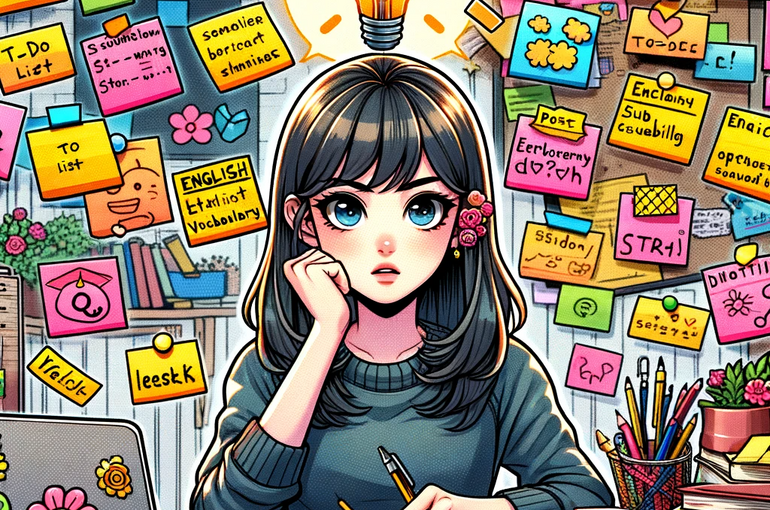 DALL·E 2023-11-14 15.03.12 - A vibrant and engaging manga-style thumbnail for a blog about innovative uses of post-it notes. The image features a young student, an Asian female, s