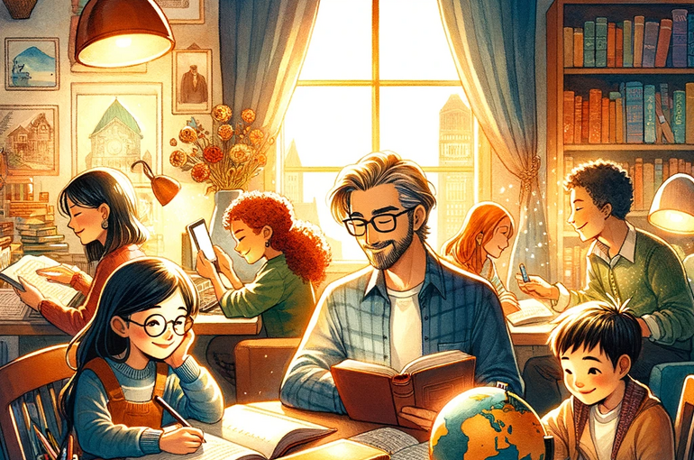 DALL·E 2023-11-16 15.16.39 - A warm and inviting illustration in a watercolor and anime style, capturing the theme of loving to study and the joy of continuous learning. The scene