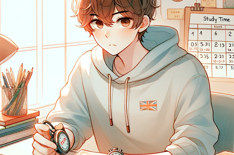DALL·E 2023-11-17 10.30.29 - A watercolor and anime-style illustration suitable for a blog thumbnail about study time management. The image features a focused student, of East Asi