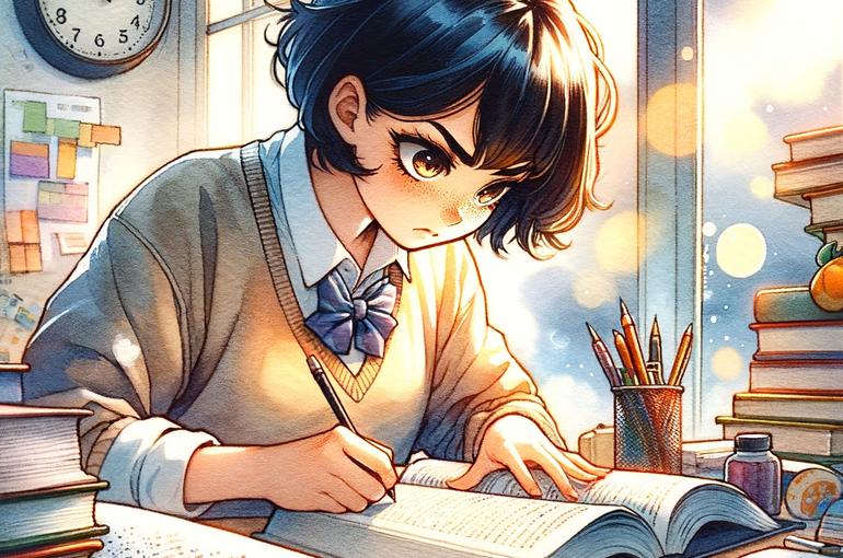 DALL·E 2023-11-19 16.10.27 - A watercolor and anime-style illustration depicting a determined student studying intensely at a desk, surrounded by books and notes. The student, a t