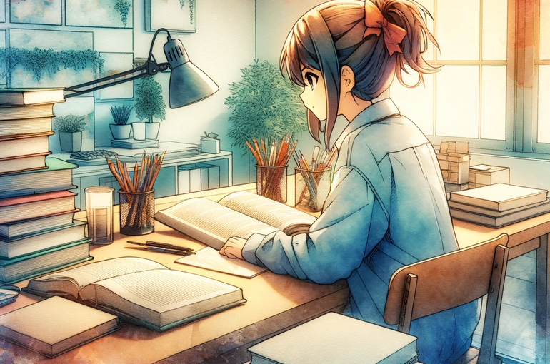 DALL·E 2023-11-20 16.06.26 - A blend of watercolor and anime styles depicting a serene study scene. A student, depicted in an anime style with distinct and vibrant features, is si