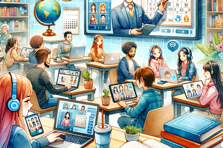 DALL·E 2023-11-21 15.14.21 - A watercolor and anime-style illustration representing the concept of video lessons. The scene includes a digital classroom with a large screen displa