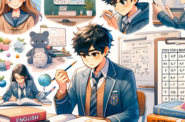 DALL·E 2023-11-23 15.35.36 - A thumbnail for a blog post titled 'Complete Guide to Efficient Study Methods for High School Students', in a watercolor and anime style. Feature a di