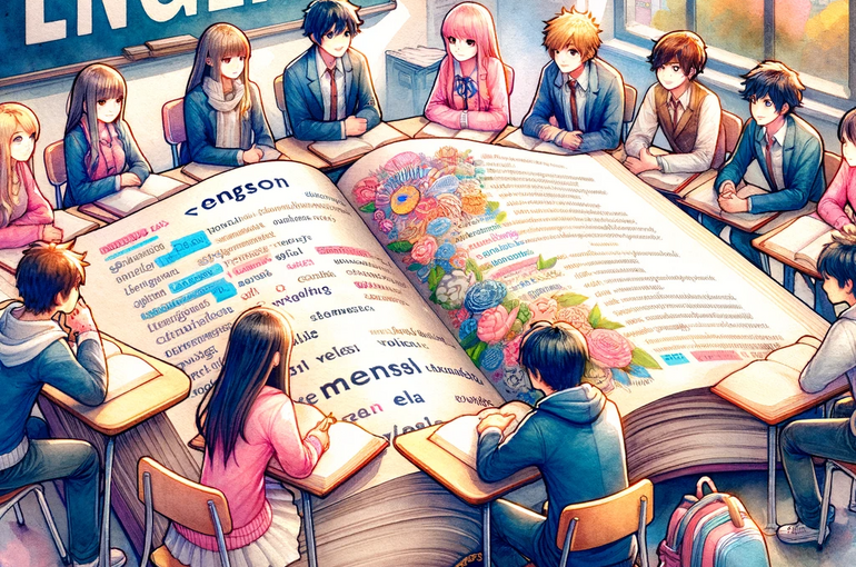 DALL·E 2023-11-25 10.58.12 - A watercolor and anime-style illustration representing the theme of English language learning. The scene includes a diverse group of students sitting 