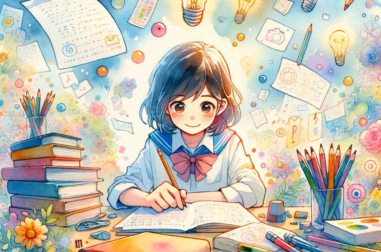 DALL·E 2023-11-26 15.17.31 - A whimsical, vibrant thumbnail for a blog post titled '【ルーズリーフ活用法：中学生・高校生・受験生必見の勉強法】', combining watercolor and anime styles. The image should feature
