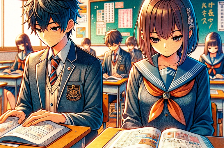 DALL·E 2023-11-28 10.45.35 - An anime-style illustration depicting Japanese high school students in a classroom setting. The scene includes a boy wearing a traditional gakuran and