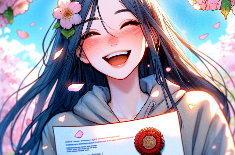 DALL·E 2023-11-30 15.14.08 - A joyful student who has just received an acceptance letter from their dream school. The student, a young Asian woman with long black hair, is holding