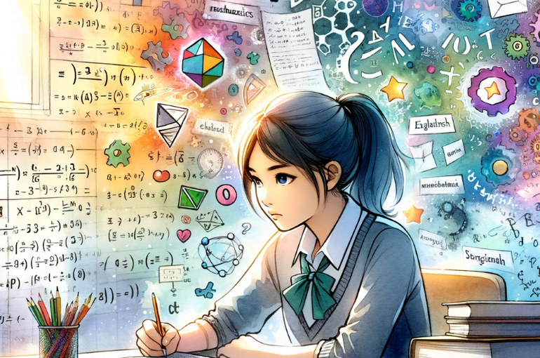 DALL·E 2023-12-01 15.28.44 - A watercolor and anime-style image depicting the journey of exam preparation. The foreground shows a focused student, an Asian teenage girl, sitting a