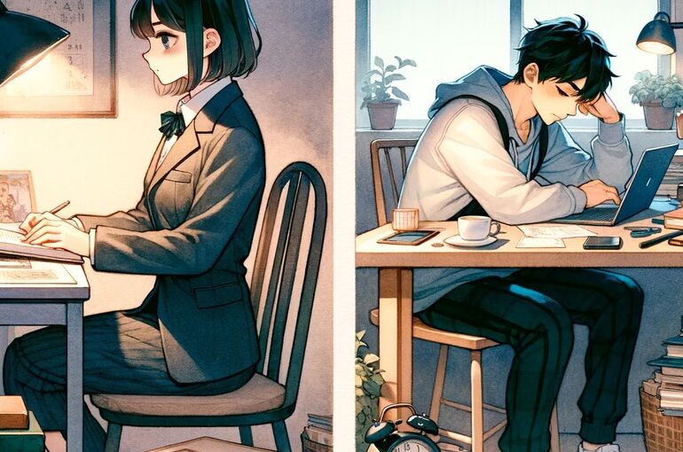 DALL·E 2023-12-11 15.16.40 - A watercolor and anime-style illustration for a blog thumbnail, showing two contrasting scenes with more mature Japanese students. On the left, a Japa