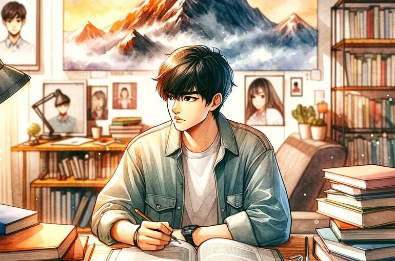 DALL·E 2023-12-12 10.29.05 - A motivational study scene combining watercolor and anime art styles. The scene features a student sitting at a desk, surrounded by books and study ma