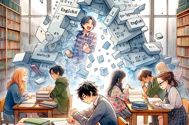 DALL·E 2023-12-17 11.11.49 - A watercolor and anime-style illustration representing overcoming a study slump. The scene shows a diverse group of students, including a Caucasian bo