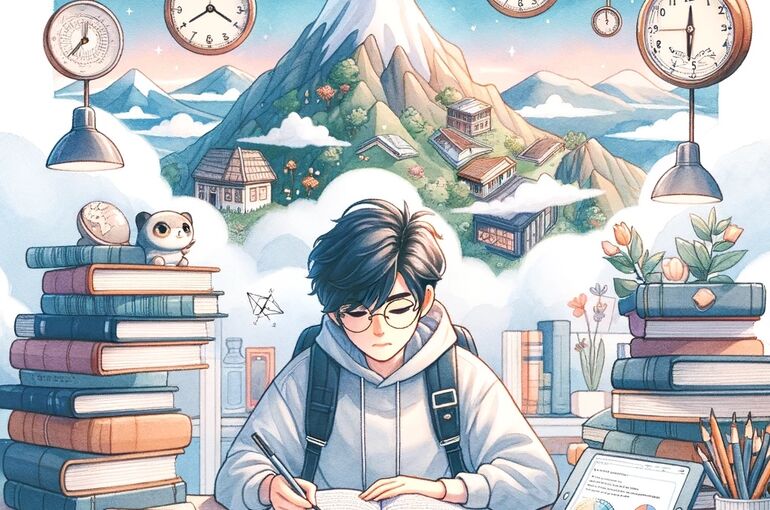DALL·E 2023-12-17 20.30.57 - A watercolor and anime-style illustration for a blog thumbnail about the importance of setting rules for studying. The image features a student sittin