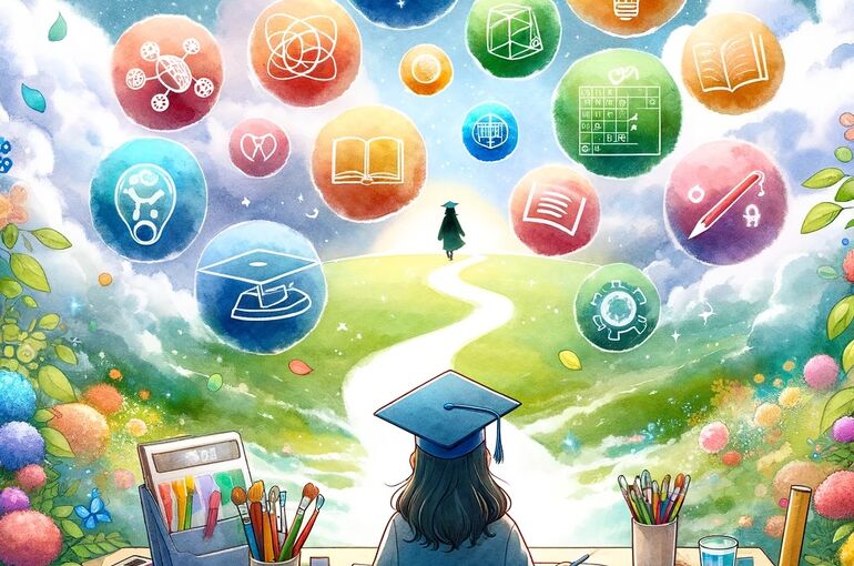 DALL·E 2023-12-22 10.12.07 - A watercolor and anime style illustration representing the concept of setting multiple goals. The scene includes a student at a desk, surrounded by co