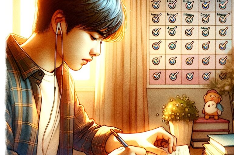 DALL·E 2023-12-27 09.42.57 - A young Asian male student focused on studying, depicted in a blend of watercolor and anime style. He's sitting at a desk, reading an English textbook