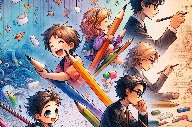 DALL·E 2023-12-29 10.38.06 - A heartwarming scene depicting a person's journey of learning and growth with different writing instruments, represented in a blend of watercolor and 
