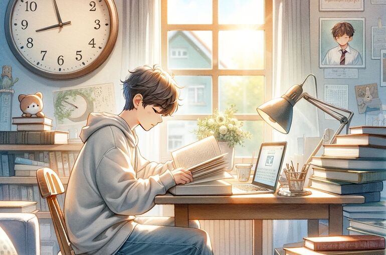 DALL·E 2023-12-30 10.37.11 - A serene and inspirational scene depicting a student studying hard in a cozy room, surrounded by books and a clock showing the passage of time. The st