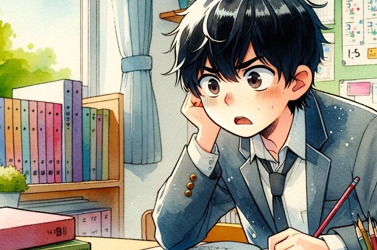 DALL·E 2023-12-31 10.29.52 - A middle school student sitting at a desk, looking puzzled while studying a math textbook. The scene is depicted in a combination of watercolor and an