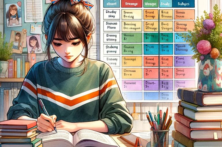 DALL·E 2024-01-02 09.35.10 - A student studying at a desk in a room, focused on books and notes. The desk is organized with textbooks, notebooks, and stationery. On the wall, ther