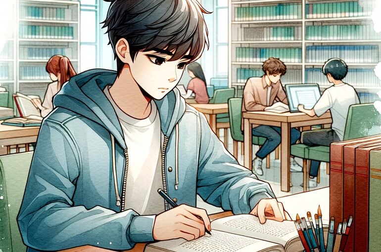 DALL·E 2024-01-04 09.52.33 - A cozy library setting in watercolor style, featuring a focused Asian male student studying diligently at a table, surrounded by books and notes. The 