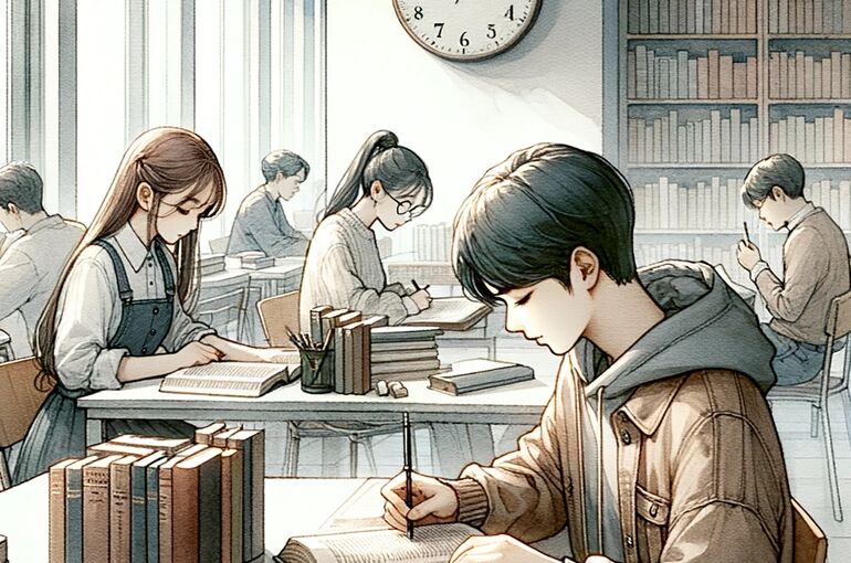 DALL·E 2024-01-05 09.35.23 - A serene and focused atmosphere in a study room, illustrated in a blend of watercolor and anime style. The scene shows a diverse group of students stu