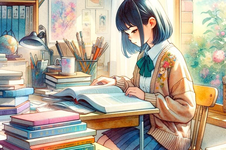 DALL·E 2024-01-07 10.24.38 - A serene study scene, capturing a student surrounded by textbooks and reference books in a cozy room. The student, an Asian female, is intently readin