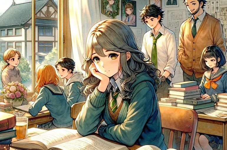 DALL·E 2024-01-08 09.44.02 - A watercolor and anime-style illustration depicting the daily life of a dedicated student girl. She's sitting at her study desk, surrounded by books a
