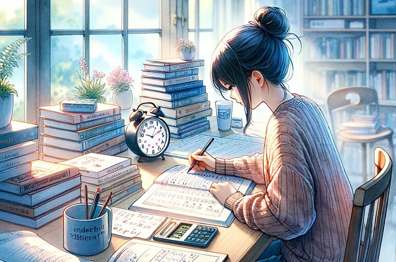 DALL·E 2024-01-09 09.52.16 - A serene study environment depicted in a blend of watercolor and anime styles. The scene includes a student sitting at a desk, surrounded by textbooks
