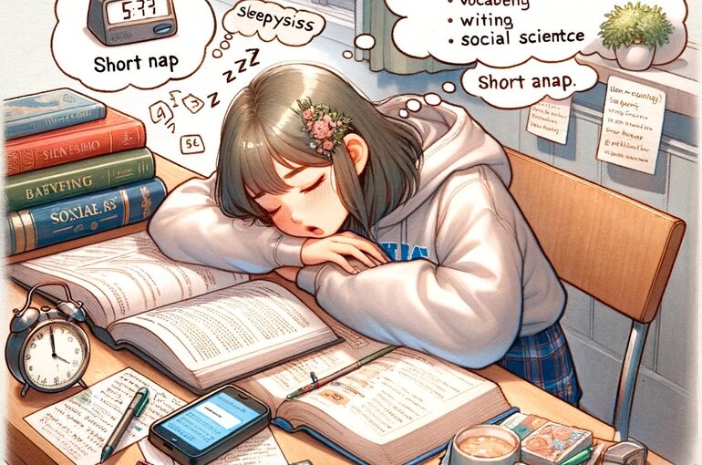 DALL·E 2024-01-10 09.57.53 - A scene depicting a student struggling with sleepiness while studying. The student, a young East Asian female, is sitting at a desk surrounded by text