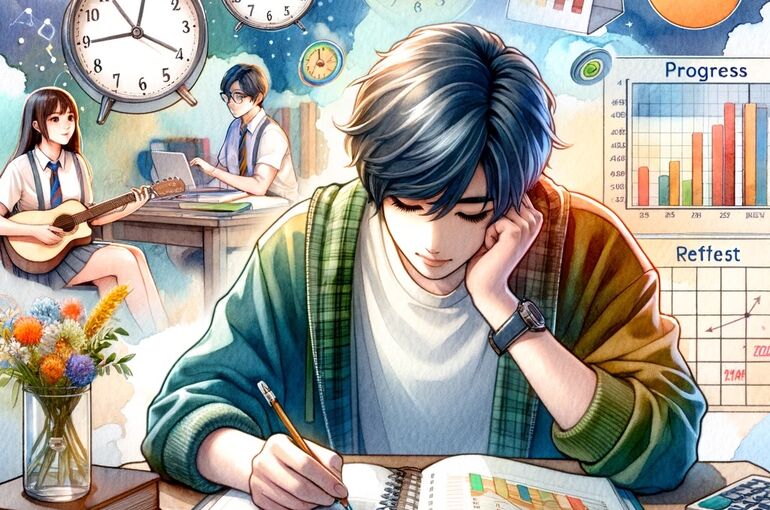 DALL·E 2024-01-16 09.45.13 - A student studying at a desk, surrounded by colorful watercolor-style illustrations of calendars, progress graphs, and clocks. The student is focused 