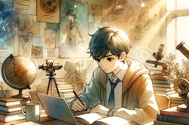 DALL·E 2024-01-17 09.55.53 - A thoughtful and serene scene depicting a student studying at a desk, surrounded by books and a laptop, immersed in learning. The student is focused, 
