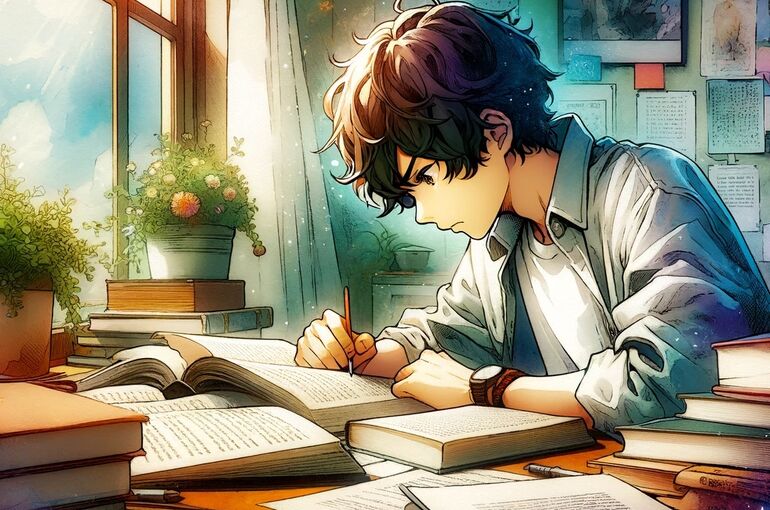 DALL·E 2024-01-18 09.55.06 - A student studying intensely at a desk, surrounded by books and notes, showing a determined expression. The scene is depicted in a blend of watercolor