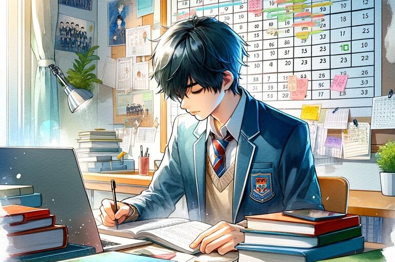 DALL·E 2024-01-19 10.23.33 - A high school student sitting at a desk, intently studying. The student is surrounded by high school textbooks, notebooks, and a laptop, indicating a 