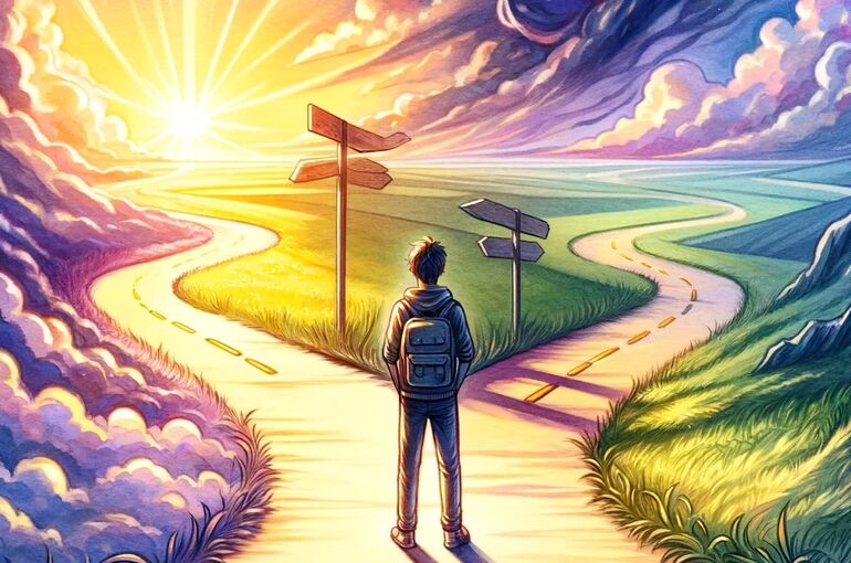 DALL·E 2024-01-20 10.20.32 - A metaphorical watercolor and anime-style illustration showing the journey of studying as a long road. In the foreground, a student with a backpack, r