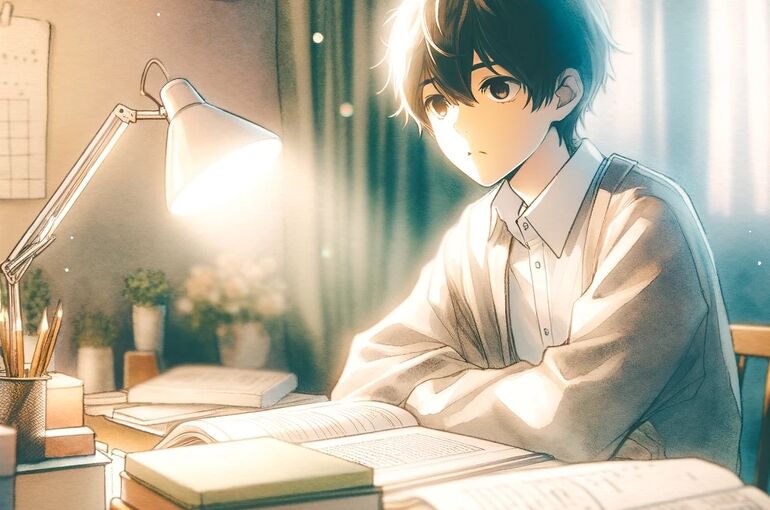 DALL·E 2024-01-23 10.02.04 - A young student sitting at a desk in a softly lit room, looking focused but not overly enthusiastic. The student is surrounded by books and study mate