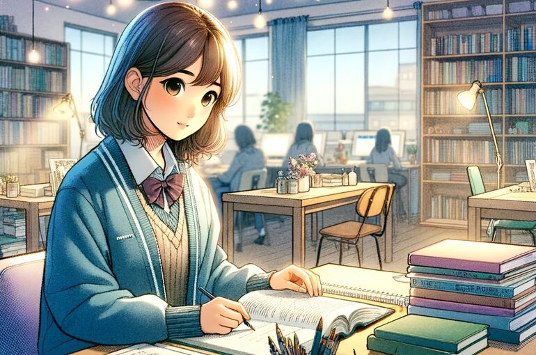 DALL·E 2024-01-24 10.03.08 - A watercolor and animation style image of a Japanese student studying in a cozy, well-lit tutoring center. The student has features typically associat