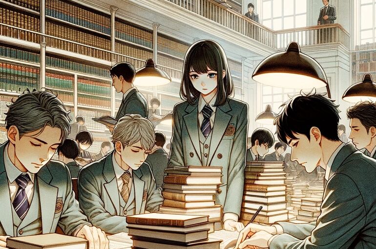 DALL·E 2024-01-26 10.37.42 - A scene showing mature Japanese university students studying together in a library. They are surrounded by a significant amount of books and notes, sy