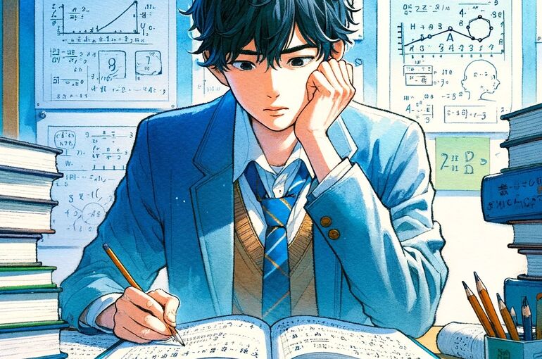 DALL·E 2024-01-28 09.48.36 - A Japanese student sitting at a desk, looking determined and focused, surrounded by math textbooks and papers with equations. The student is attemptin