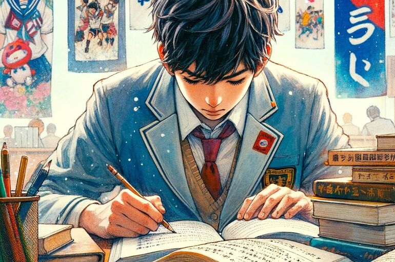 DALL·E 2024-01-29 10.02.45 - A Japanese student sitting at a desk, deeply engrossed in studying, surrounded by books and notes. The scene captures a moment of dedicated effort, em