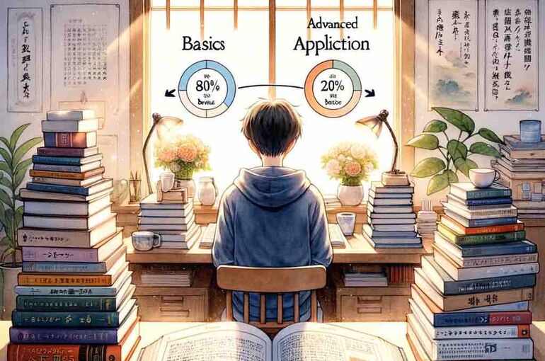 DALL·E 2024-02-05 10.17.56 - A serene, watercolor-inspired scene depicting a Japanese study room filled with a variety of textbooks and reference materials, showcasing a mix of ba