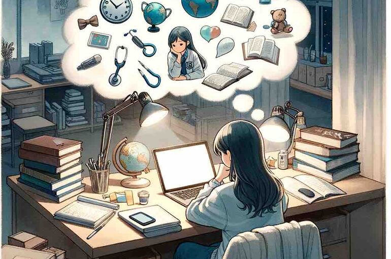 DALL·E 2024-02-06 11.15.51 - Illustrate a scene in a Japanese watercolor and animation style, showcasing a student sitting at a desk surrounded by books and a laptop, deeply engro