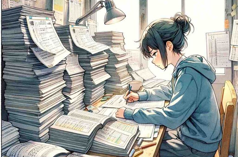 DALL·E 2024-02-07 09.55.03 - Illustrate a scene showing a determined Japanese student sitting at a desk, surrounded by stacks of past examination papers, deeply focused on studyin