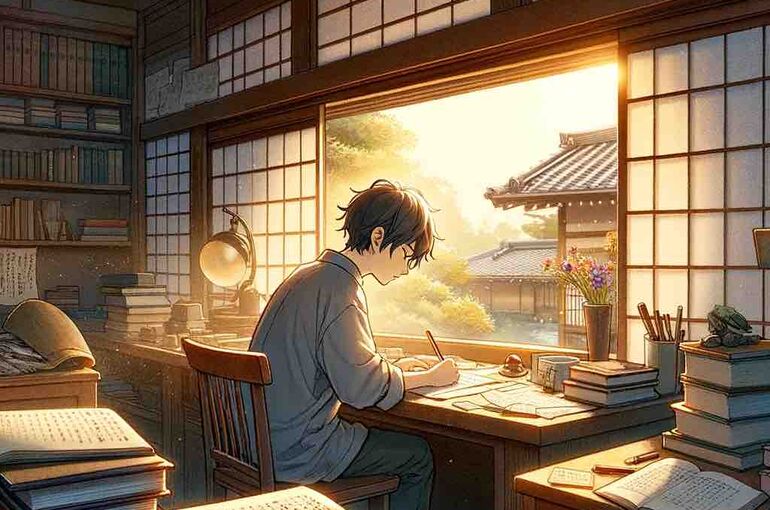 DALL·E 2024-02-09 10.01.17 - A serene and inspirational scene depicting a Japanese student studying alone at a desk, surrounded by books and notes, deep in thought and determinati