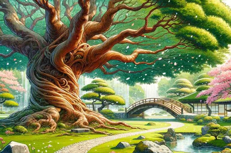 DALL·E 2024-02-10 11.17.26 - A serene Japanese garden scene, illustrating the metaphor of knowledge and thinking ability. In the foreground, a large, sturdy tree with a thick trun