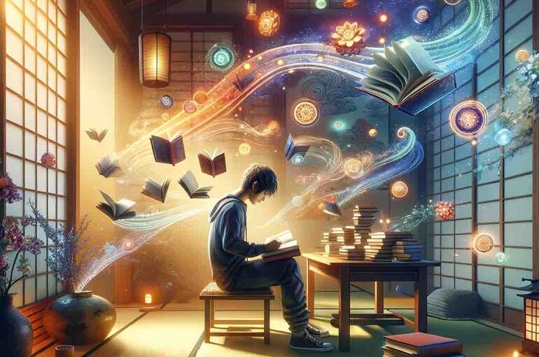 DALL·E 2024-02-11 09.54.43 - A serene Japanese study room with a student deeply focused on their books, surrounded by a vibrant display of watercolor animation style elements repr