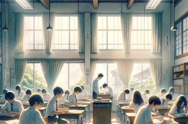 DALL·E 2024-02-12 10.08.44 - A serene, inspiring scene set in a Japanese classroom with students studying diligently, embodying a sense of urgency and determination as they prepar