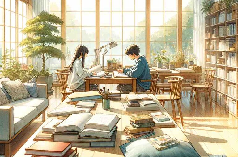 DALL·E 2024-02-16 09.57.43 - A serene and inspiring study scene depicting two Japanese students studying together in a beautifully organized living room. The room is filled with b