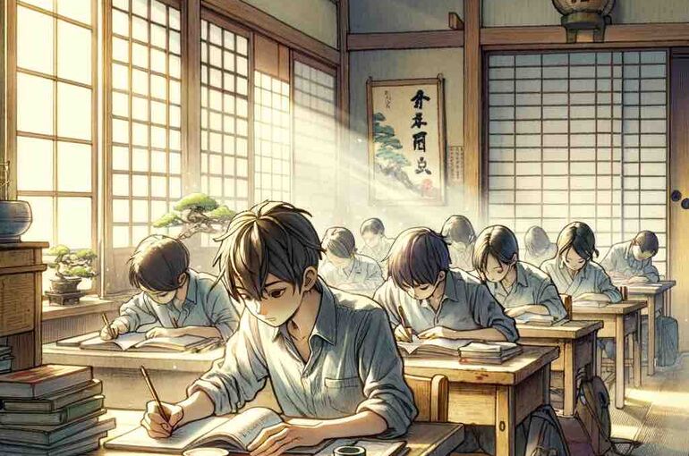 DALL·E 2024-02-17 10.09.55 - Illustrate a serene and motivational scene set in a Japanese study environment. The scene captures a moment of quiet determination among students, who