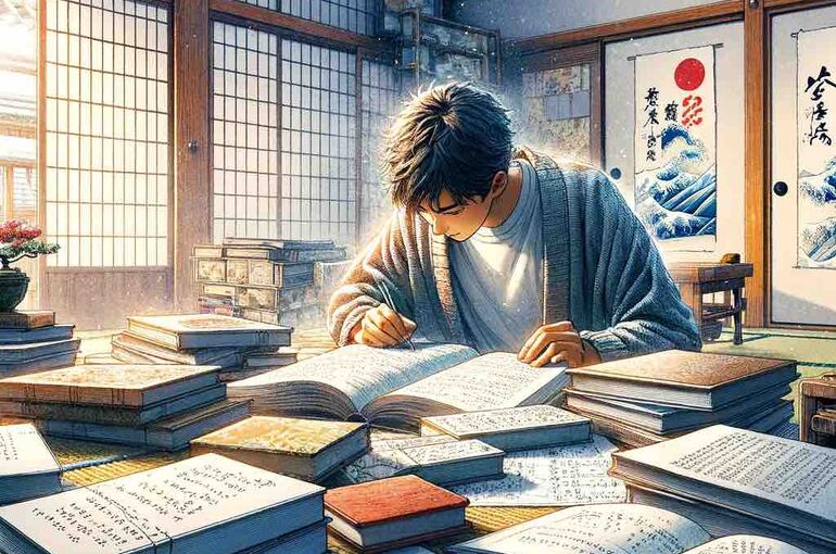 DALL·E 2024-02-18 10.02.32 - A serene study scene in a Japanese setting, featuring a student surrounded by books and notes, deeply engrossed in solving math problems. The scene ca