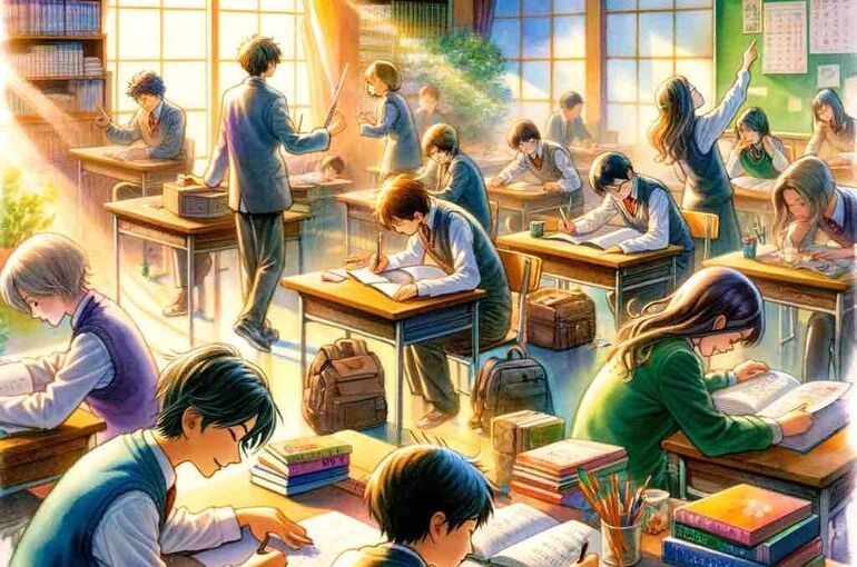 DALL·E 2024-02-19 10.18.29 - A serene scene in a Japanese classroom, with students of various ages engaging in different study methods that spark joy and curiosity. Some are writi